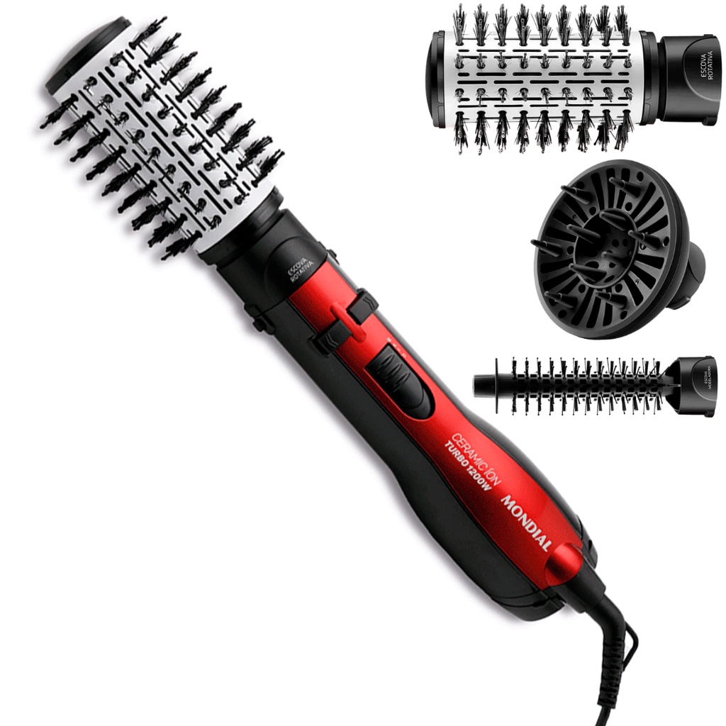 Escova Rotativa Modeladora Cerâmica Íon Turbo Mondial ER-09 Preto e Vermelho em Oferta na Shopee
