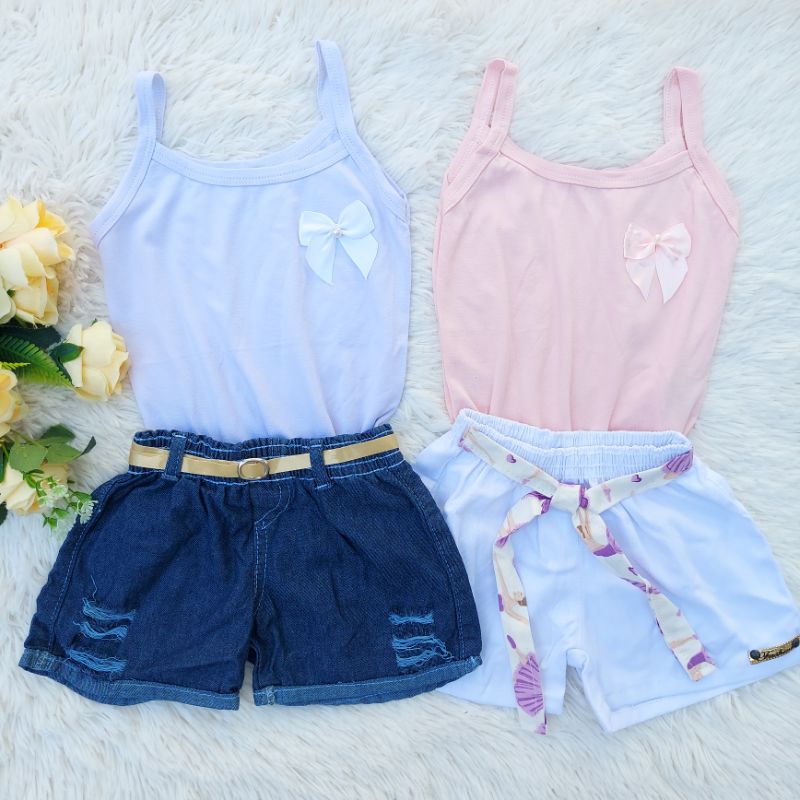 Conjunto Infantil Blusinha Regata Menina Shorts Branco Jeans Natal Barato Verão