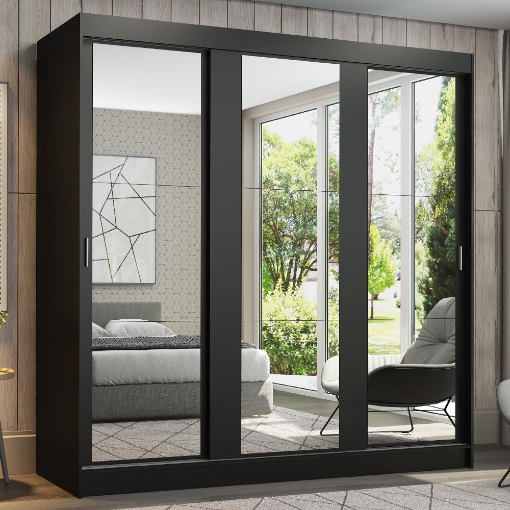 Guarda-Roupa Casal Madesa Reno 3 Portas de Correr de Espelho - Preto em Oferta na Shopee