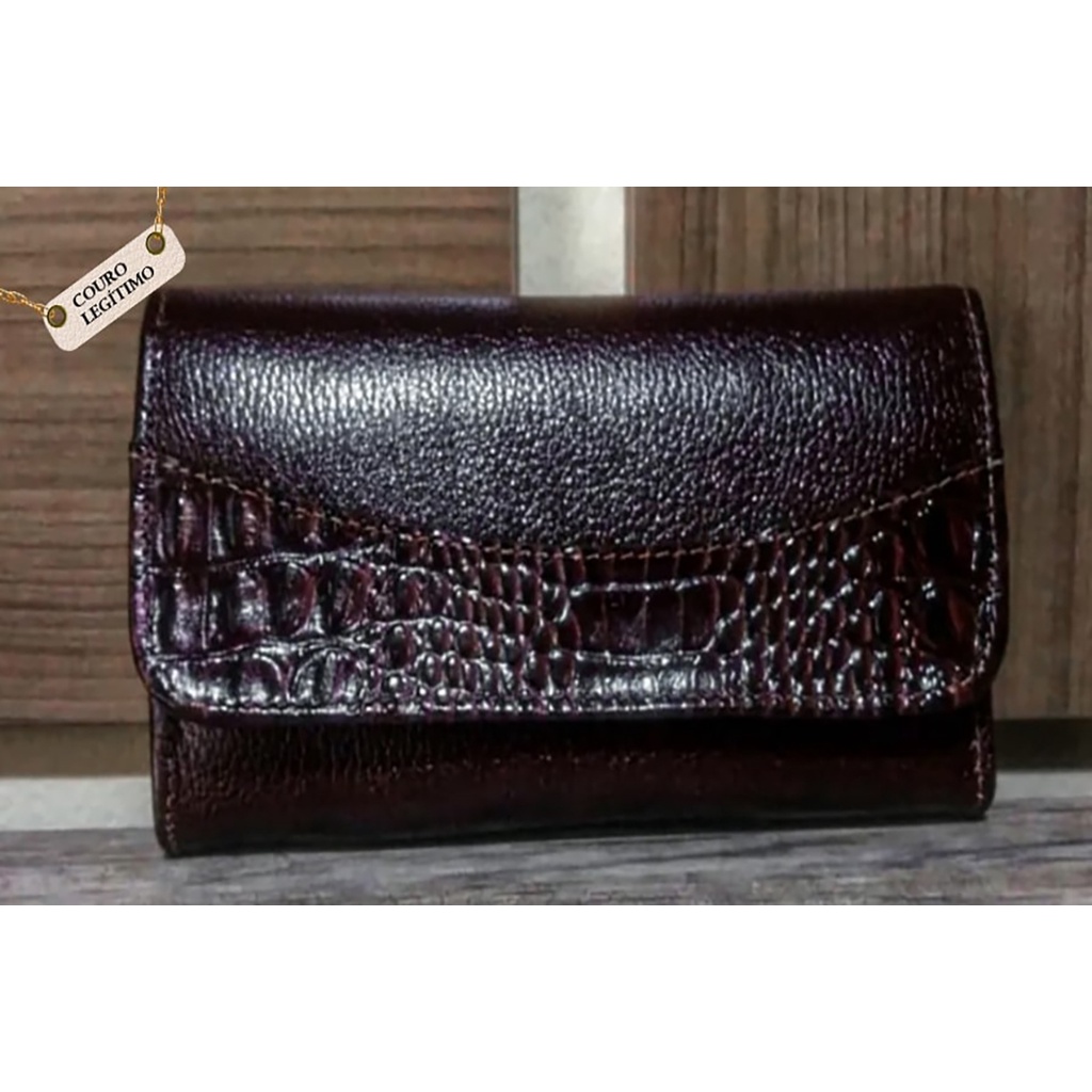 Carteira Couro Legítimo Lia Modas Porta-Cartões Notas e Moedas Botão Ref (031)