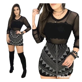 Conjunto Feminino Saia Curta Body Tule Manga Longa Cropped