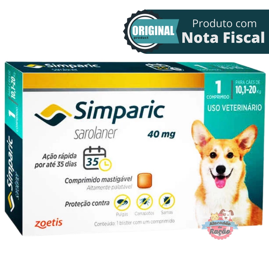 Simparic para Cães de 10,1 a 20 Kg (40 mg) - Caixa com 1 Comprimido