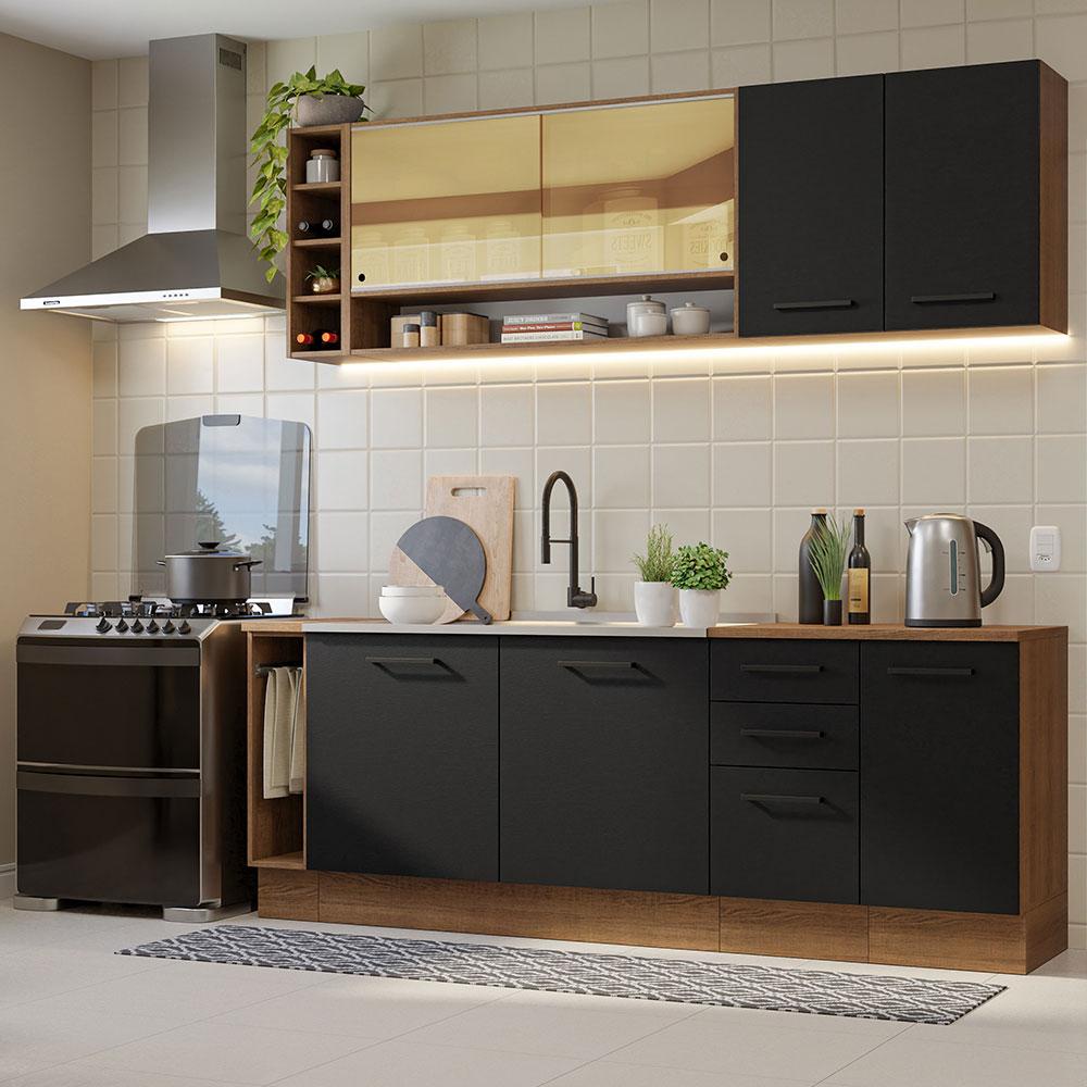 Armário de Cozinha Completa 220cm Rustic/Preto Agata da Thêmis Madesa em Oferta na Shopee