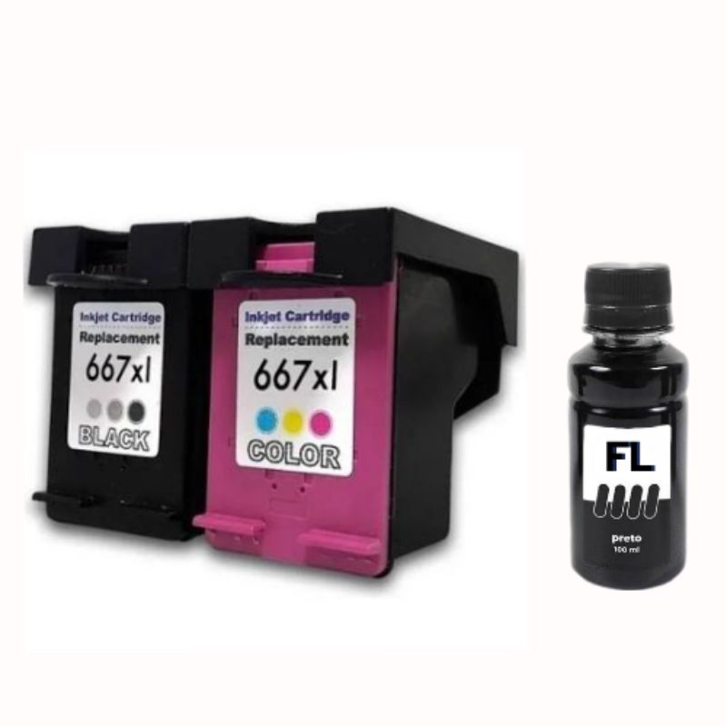 kit cartucho 667 preto e colorido cheio mais 100 ml de tinta Black para ...