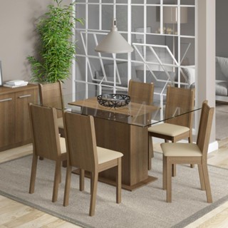 Conjunto Sala de Jantar Madesa Molly Mesa Tampo de Vidro com 6 Cadeiras - Rustic/Pérola