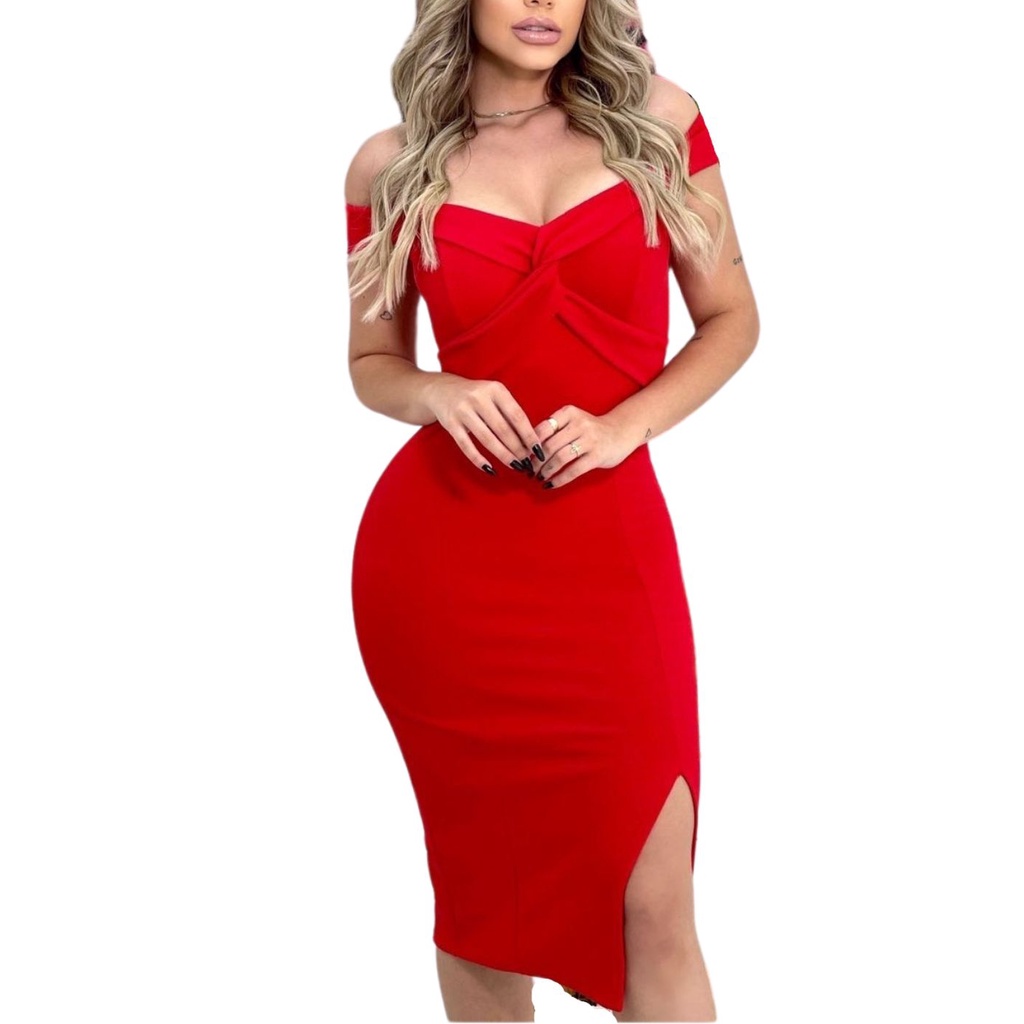 Vestido De Festa Curto Vermelho Midi Justo Tubinho Convidada Casamento Formatura Evento Shopee 3713