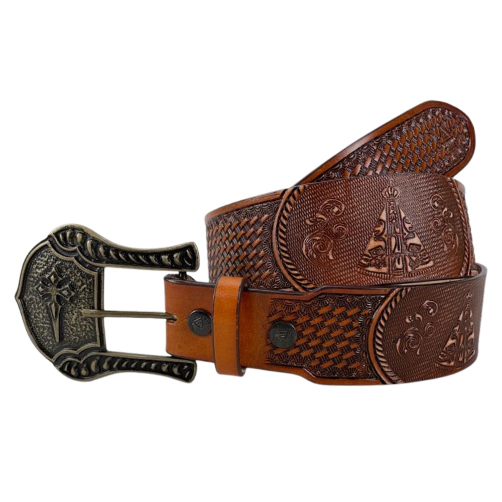 Cinto Masculino Pyramid Country Entalhado Nossa Senhora Aparecida no Couro 100% Legítimo Fivela Grande Super Resistente em Oferta na Shopee