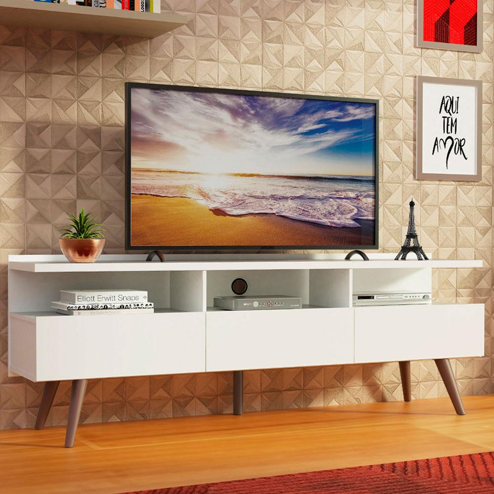Rack para TV até 65 Polegadas Madesa Madri com Pés de Madeira - Branco - Home & Living