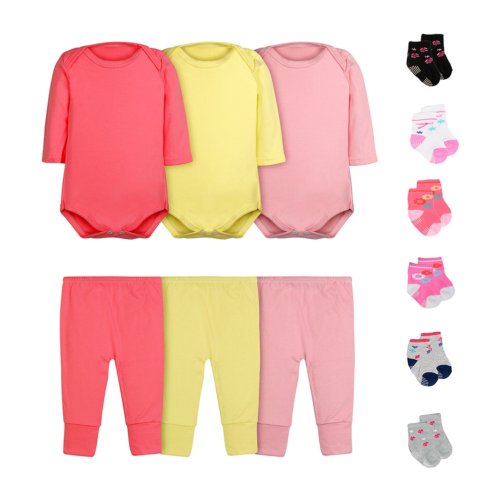 Kit 12 Peças Body Bebê Menina Manga Longa Calça Mijão e Meias