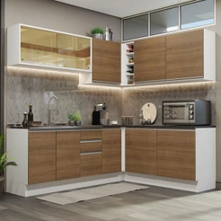 Cozinha Completa de Canto 100% MDF Madesa Acordes 389002 com Armário e Balcão - Branco/Rustic