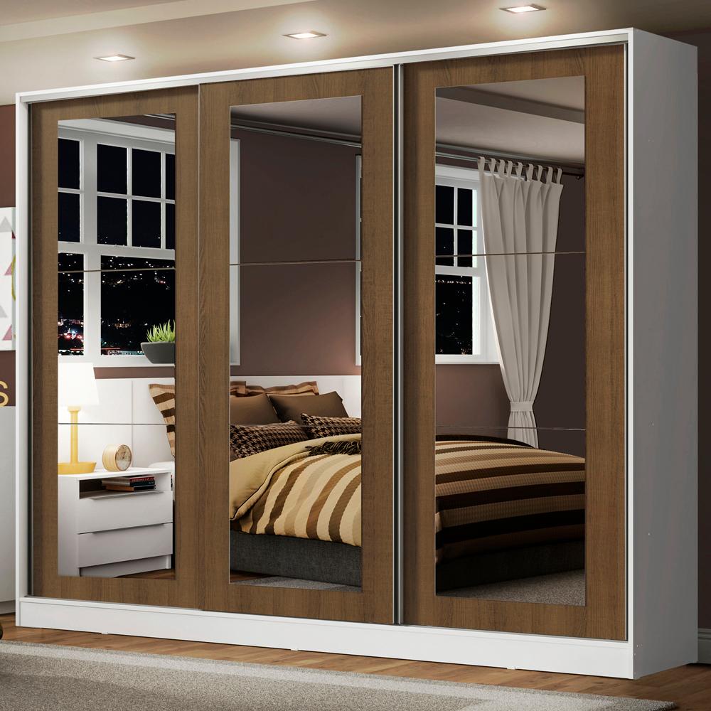 Guarda-Roupa Casal 100% MDF Madesa Eros 3 Portas de Correr de Espelho - Branco/Rustic - Home & Living