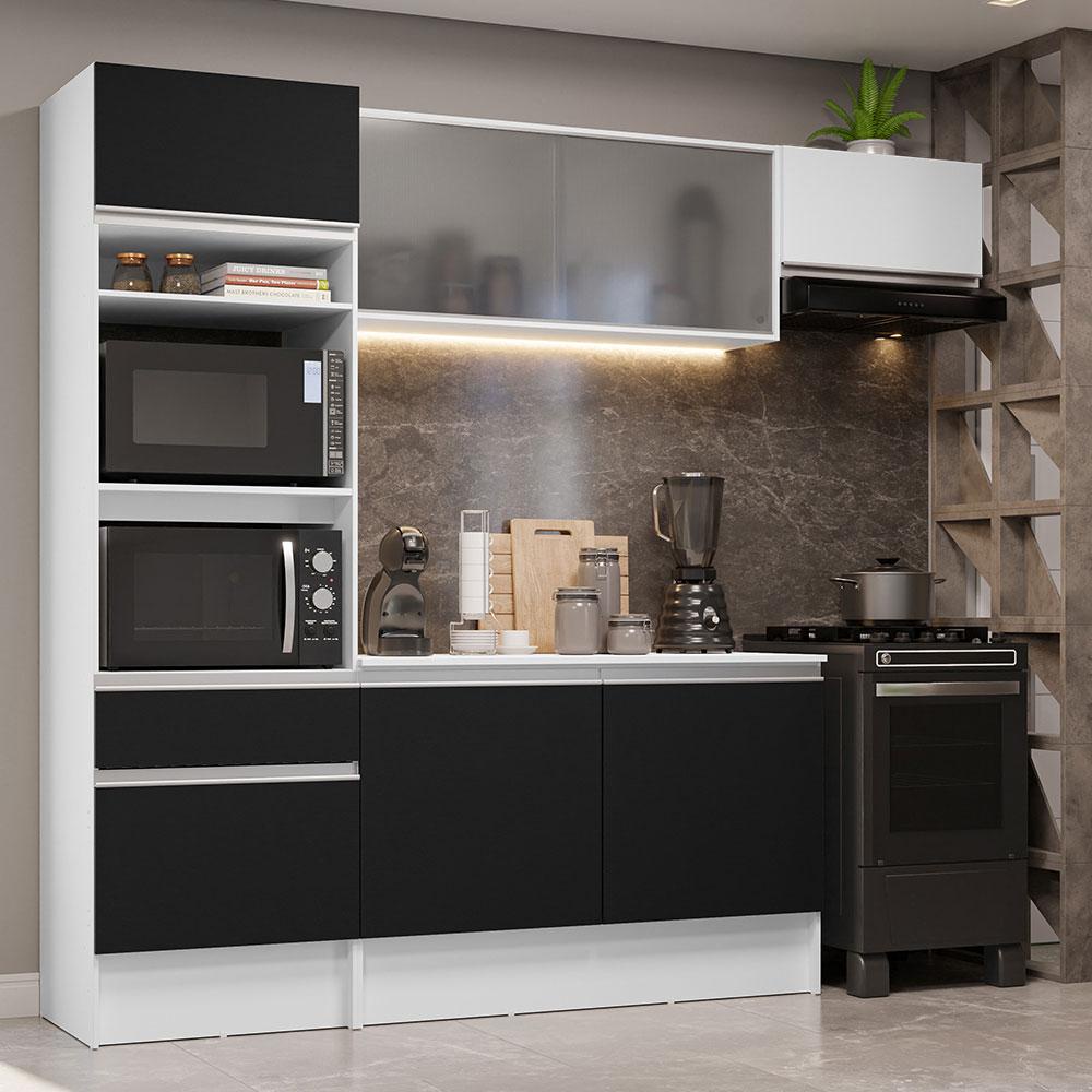 Cozinha Completa Madesa Topazio com Um Balcão, Armário e Tampo - Branco/Preto