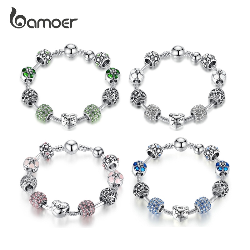 Bamoer 4 Cores Pulseira E De Encanto Com Amor Contas De Flores 18CM 20CM 21CM em Oferta na Shopee