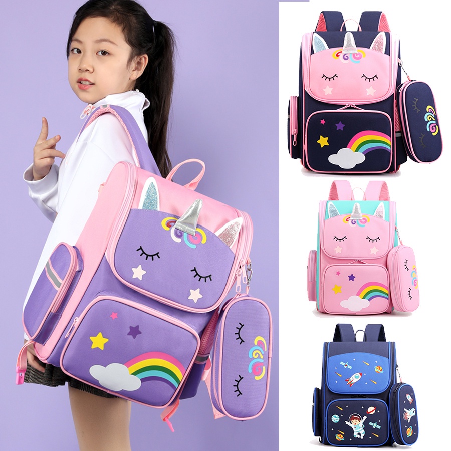 Mochila de escola primária de unicórnio para meninas, bolsa de escola infantil leve, à prova d'água, para crianças do 1º ao 6º ano