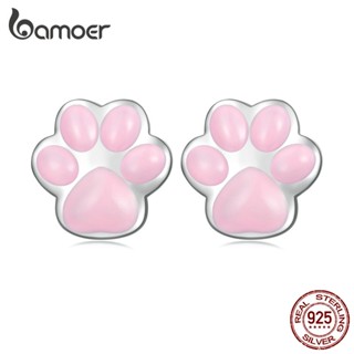 Bamoer Cute 925 Prata Rosa E Preto Gato Brincos De Pata Para Meninas