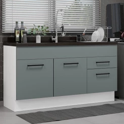 Balcão Gabinete de Pia Cozinha 150 cm 2 Portas 2 Gavetas (Sem Tampo e Pia) Branco/Cinza Agata Madesa