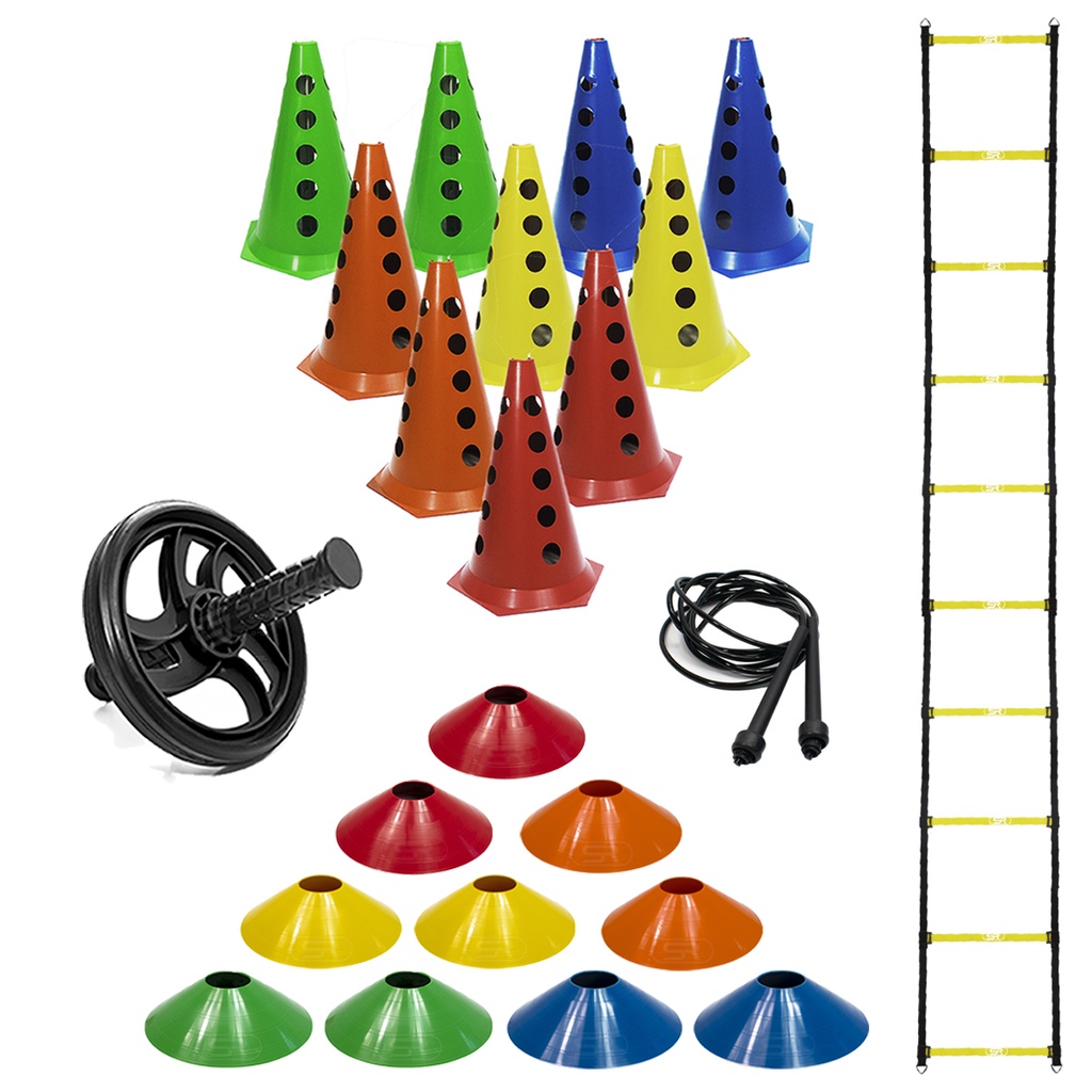 10 Cones Furados Agilidade + 10 Pratos + Roda Abdominal Funcional + 1 Corda Pular + 1 Escada Agilidade Ajustável