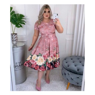 Vestido Estampado Flores Moda Evangélica Rodado Plus Size Evasê Midi Social Fardamento Evangélico