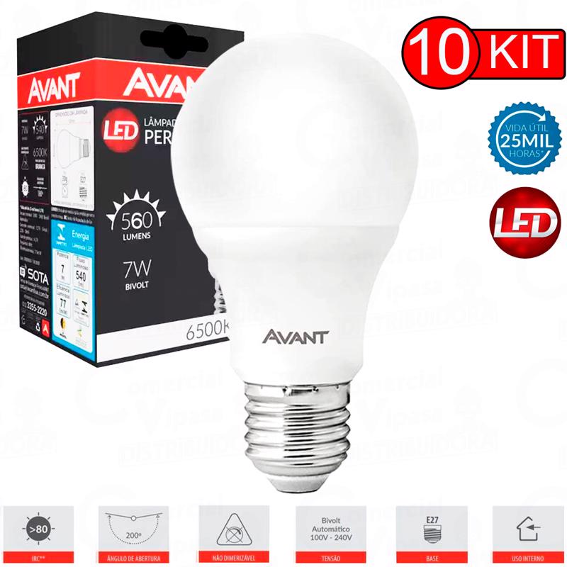 Kit Jogo 10 Lâmpadas Led Modelo Pera E27 7W Branca Bivolt Normatizada 6500k Iluminação Casa - AVANT - Home & Living