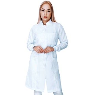 Jaleco Feminino Oxford Branco, Botão Embutido, Gola Padre, Com Punho, Plus Size, Acinturado, Manga Longa