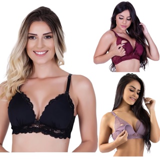 Kit 3 Sutiã de Amamentação Com Bojo Reforçado em Renda Maternidade Pós Parto em Oferta na Shopee