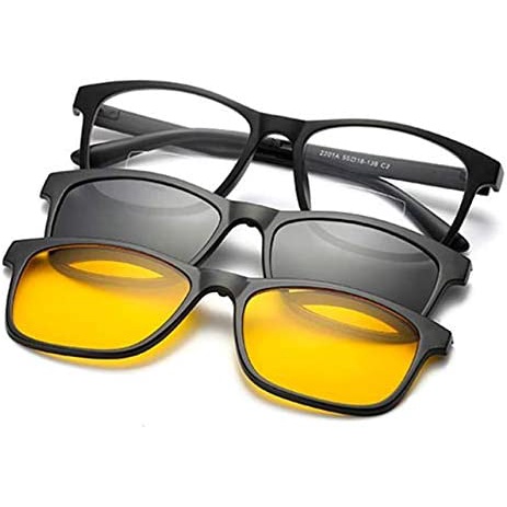 Armação para Óculos Quadrado de Grau + 2 Lentes Polarizadas ClipOn (Preta)