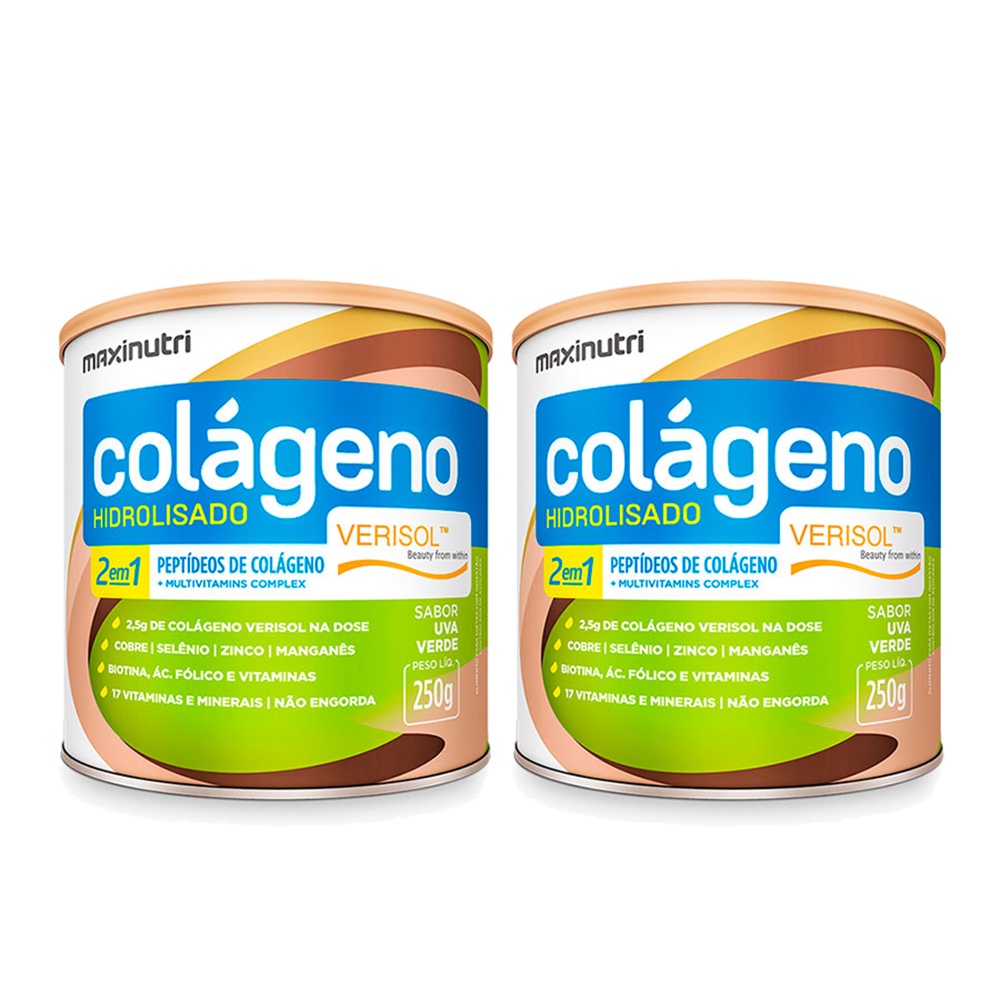 Kit 2 Colágeno Hidrolisado Verisol Maxinutri Hair Skin Nails Lata 250g Uva Verde Manutenção e Saúde da Pele