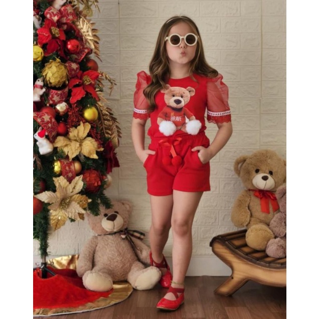 Conjunto de Short Infantil Feminino Natalino Temporada Ano Novo Conjunto de Menina Infantil
