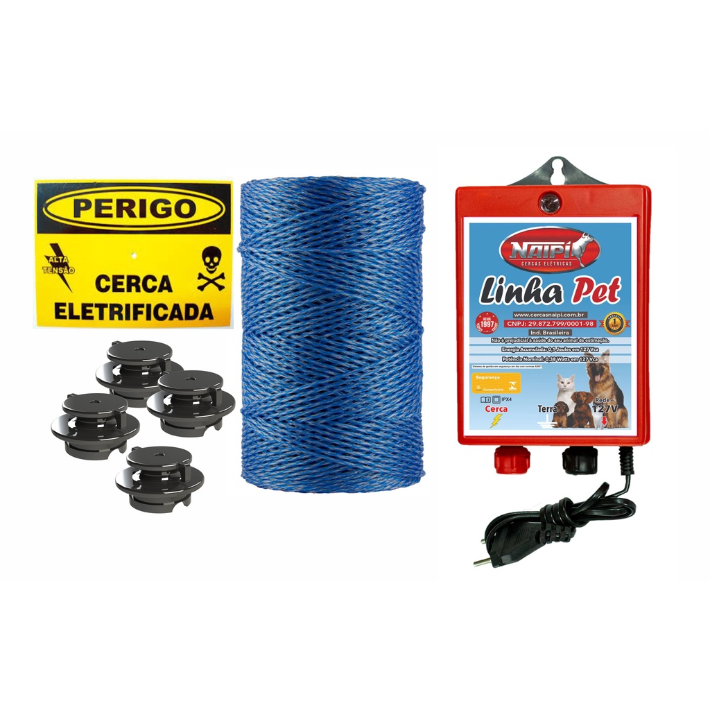 01 Eletrificador PET  - kit / 500M Fio Eletro. - 50 RGPT - 02 Placa de advertencia