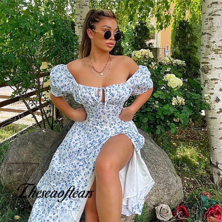 2022 Verão Europeu Americano Roupas Femininas Americanas Manga Bufante Francês Vestido Floral Peixe Osso Saia Grande De Chá De Férias Moda YXTY