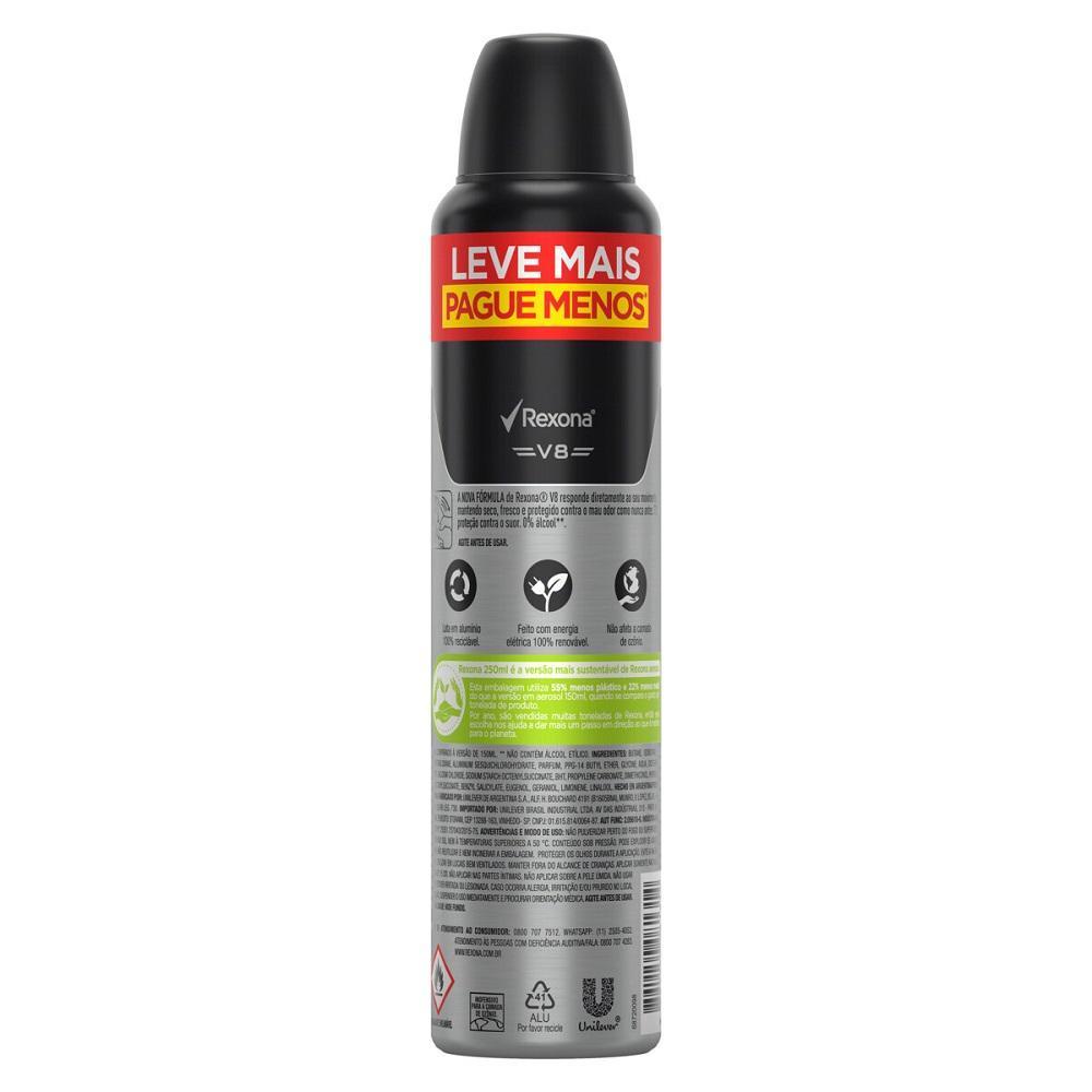 Kit 3 Desodorantes Antitranspirante Aerosol Masculino Rexona V8 72 horas 250ml — imagem 2 de 2