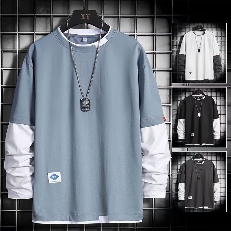 Japonês Estilo Crewneck Camiseta Manga Longa Baggy Casual Falso De Duas Peças Preto Branco Cinza Azul Roupas