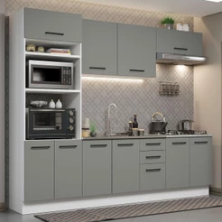 Cozinha Completa Madesa Agata 270001 com Armário e Balcão (Sem Tampo e Pia) - Branco/Cinza