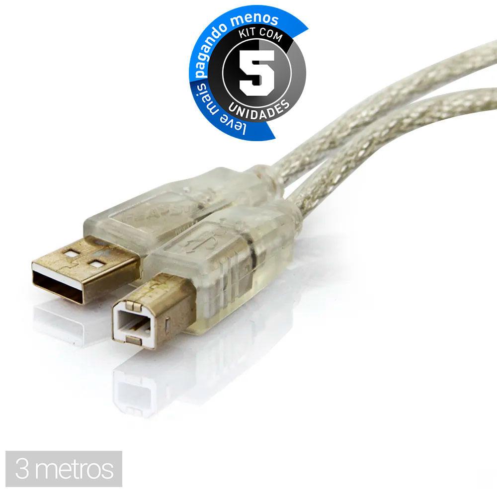 Cabo Usb Impressora Ab - 3 Metros - Kit Com 5