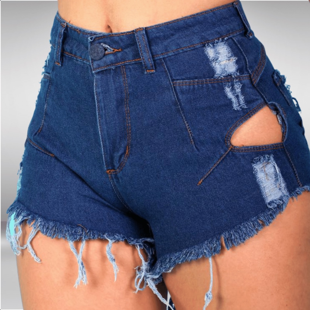 Short Jeans Feminino Cintura Alta Com Detalhe Vazado Barra Desfiada Levanta Bumbum Shopee Brasil