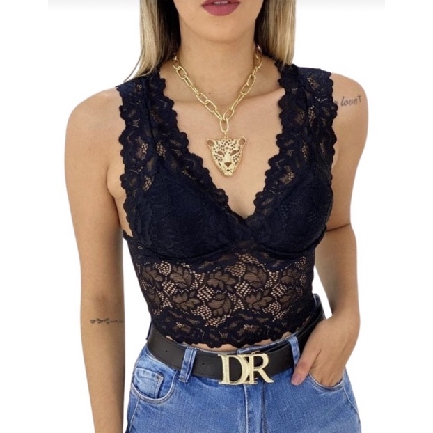 Top Cropped Alça Grossa Renda Rendada Pavão Confortavel Full