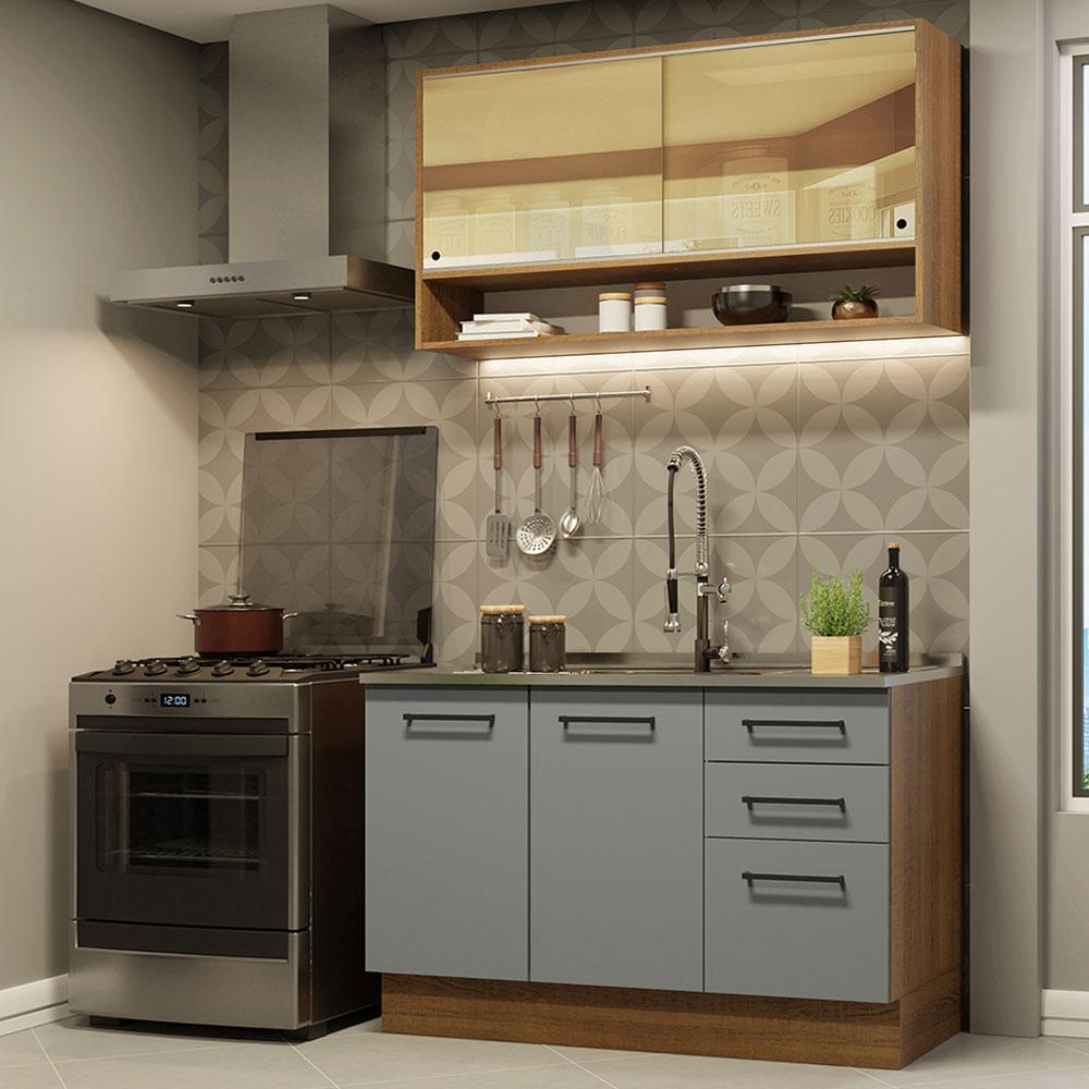 Armário de Cozinha Compacta 120cm Rustic/Cinza Agata Madesa 02 - Home & Living