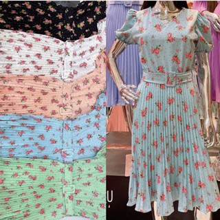 Vestido Plissada Estampa flor poa Midi Rodado Moda Evangelic Com Cinto-0179