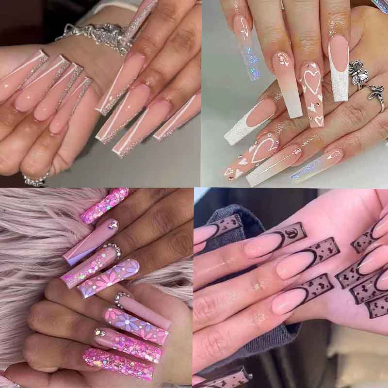 24 Peças unhas postiças decoradas com cola unha postiça bailarina Longos luxo com diamante realista