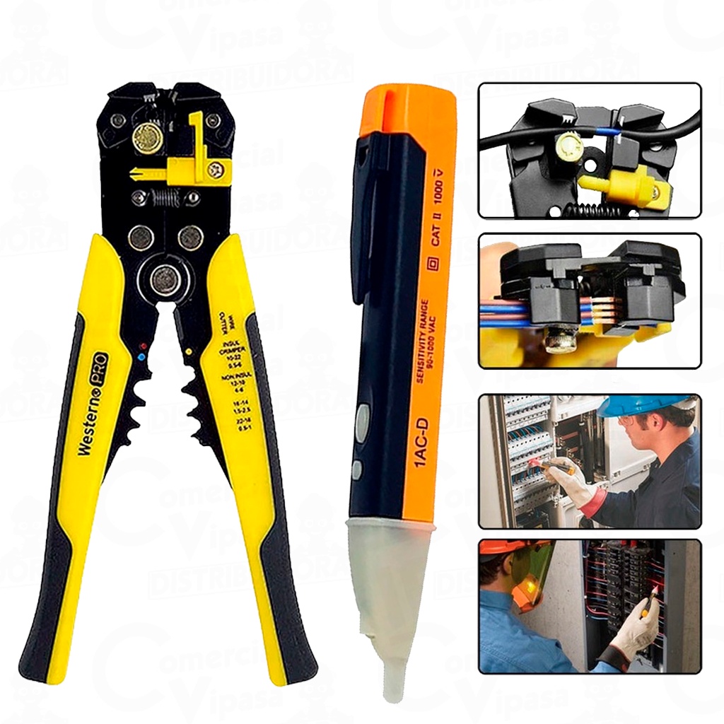 Kit Jogo Eletricista Alicate Decapador Crimpador Com Caneta Detectora De Tensão Energia Profissional