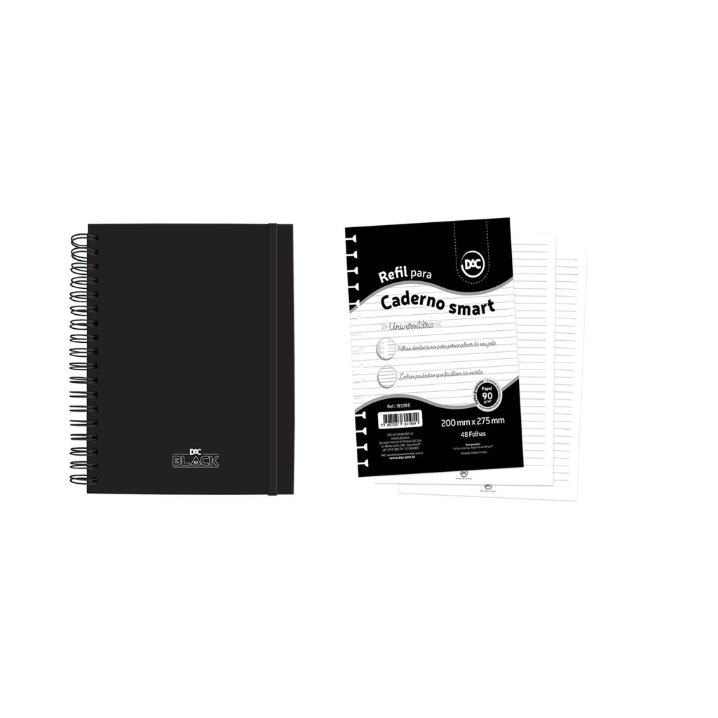 Caderno Smart Univ. Black Tira e  Põe + Refil de flhs  - DAC