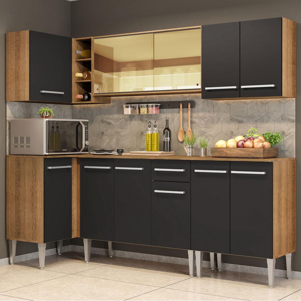 Armário de Cozinha Completa de Canto Madesa Emilly Play Balcão e Aéreo Vidro Reflex - Rustic/Preto em Oferta na Shopee