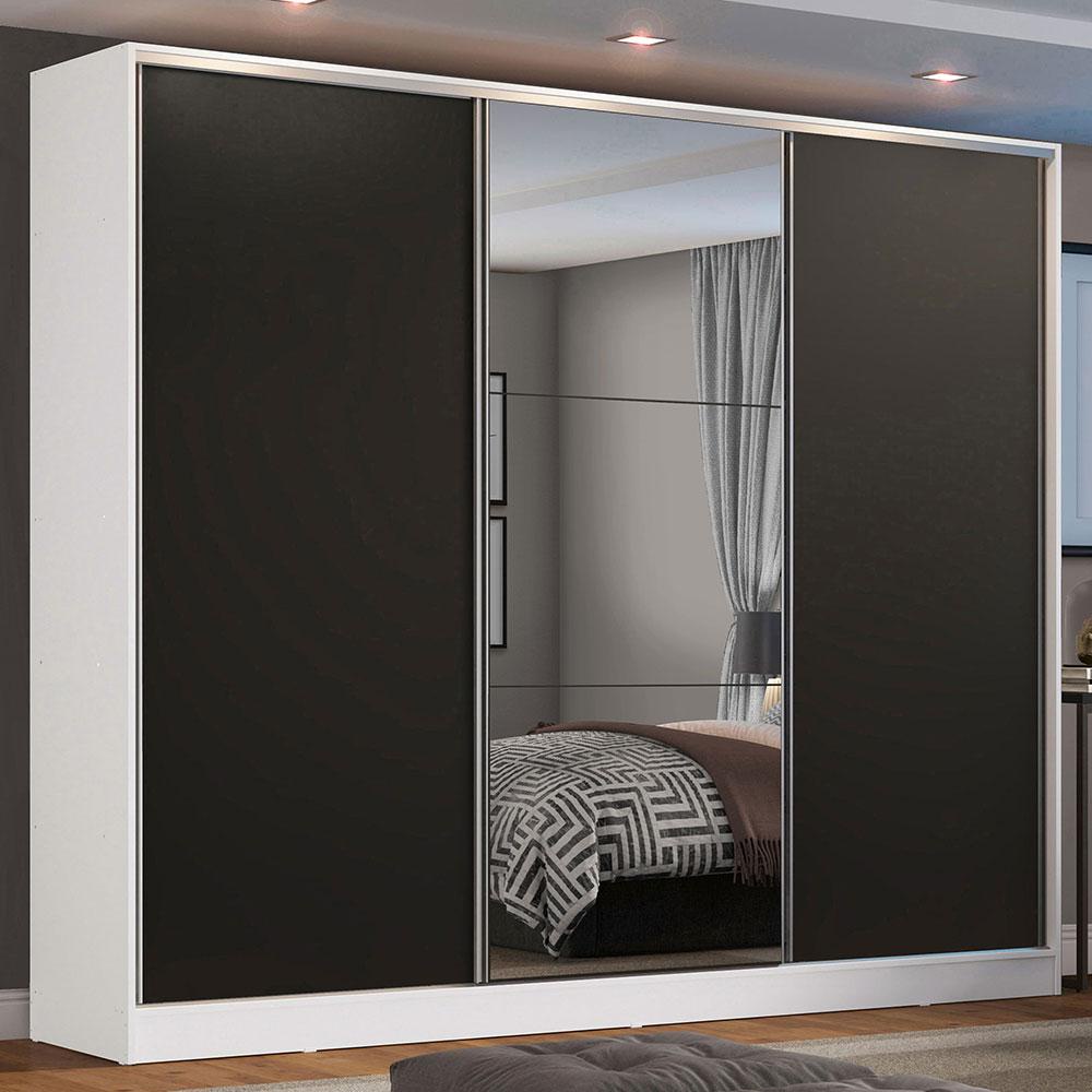 Guarda Roupa Casal 100% MDF Madesa Zurique 3 Portas de Correr com Espelho - Branco/Preto - Home & Living