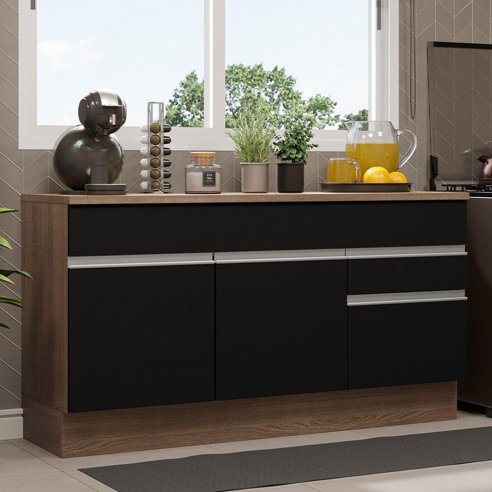 Balcão Gabinete de Pia de Cozinha 150 cm 2 Gavetas 2 Portas (Com Tampo) Rustic/Preto Glamy Madesa