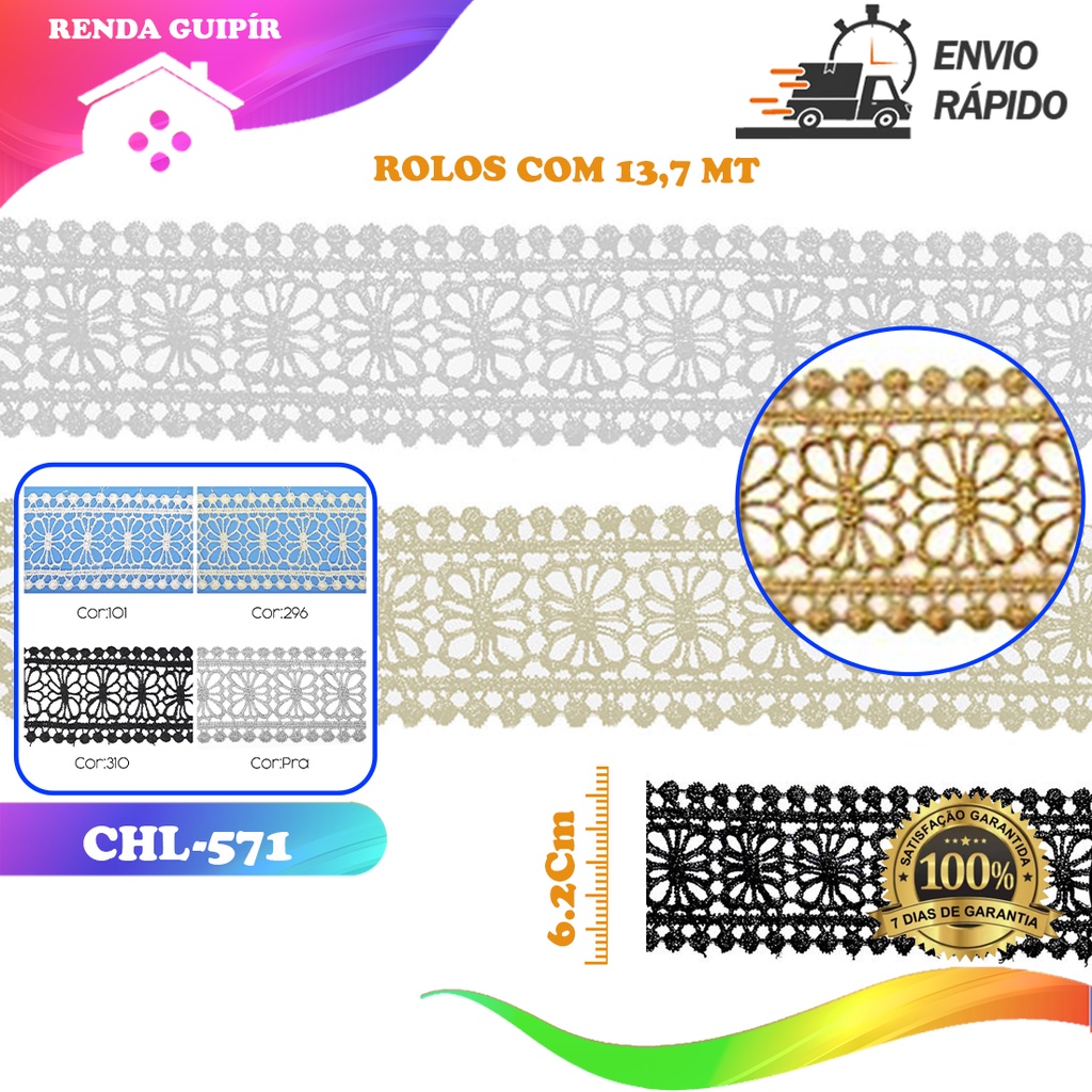 Renda Guipir CHL-571 Entremeio 6.2 Cm -  Rolo C/13.7 Metros