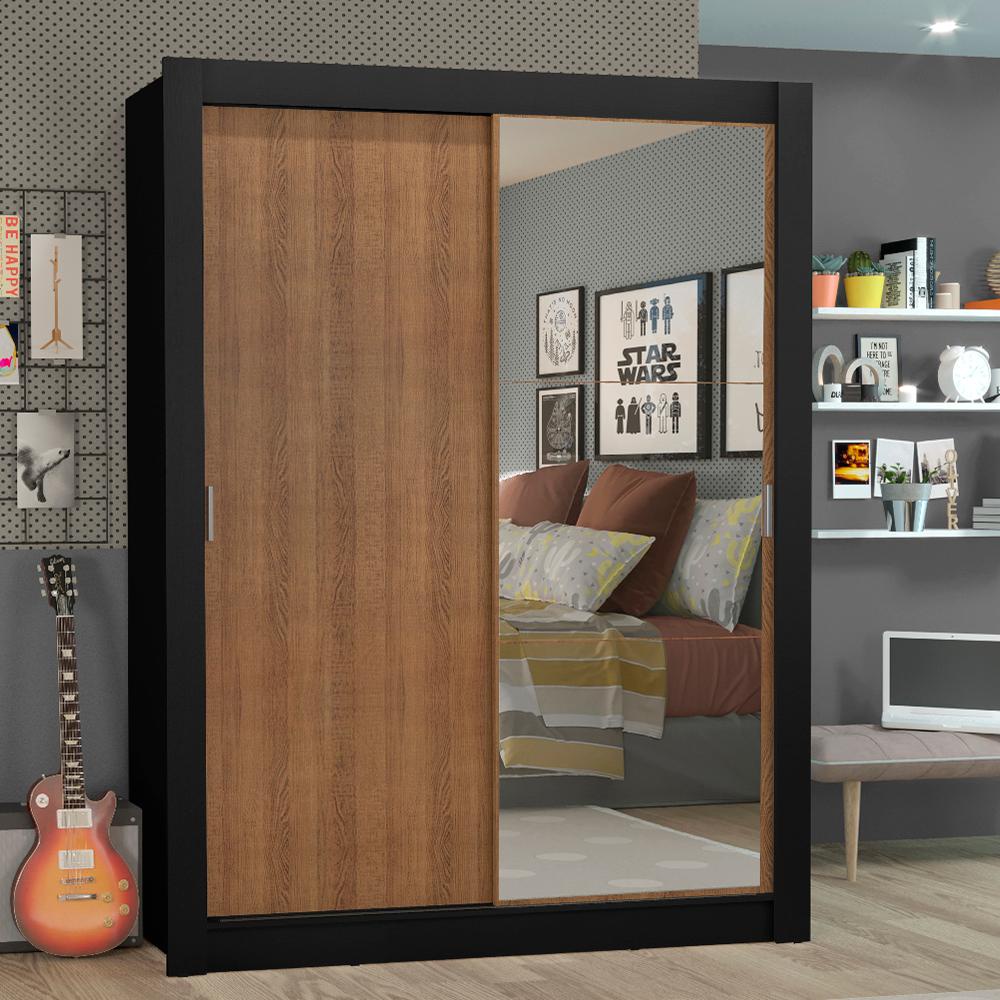 Guarda-Roupa Solteiro Madesa Denver 2 Portas de Correr com Espelho - Preto/Rustic em Oferta na Shopee