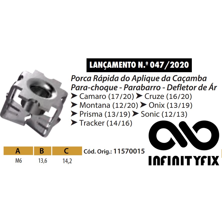 10 Presilha Porca Rápida M6 Do Aplique da Caçamba Para-Choque - Parabarro - Defletor de Ar - GM Chevrolet Camaro 17/20 Cruze 16/20 Montana 12/20 Onix 13/19 Prisma 13/19 Sonic 12/13 Tracker 14/16