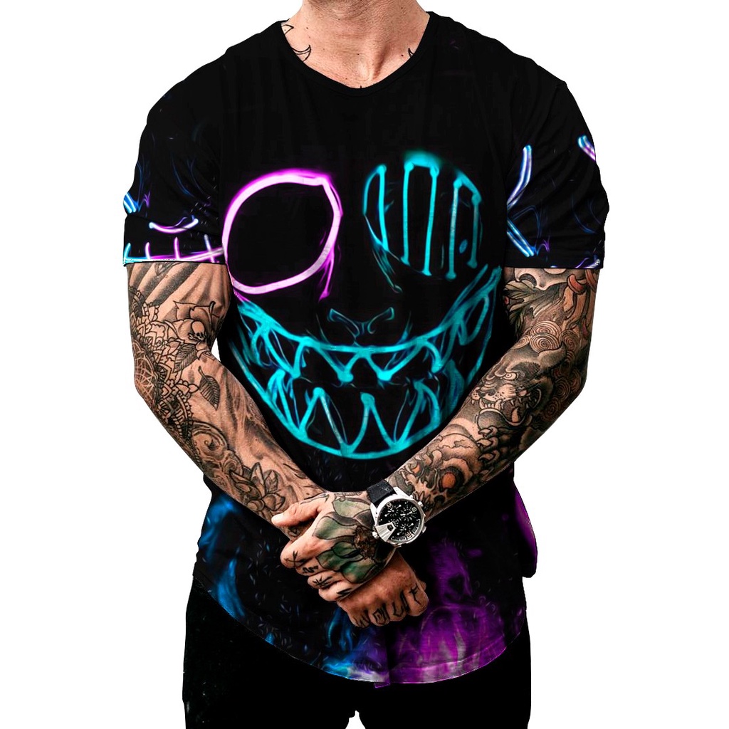 Camiseta camisa Long line Oversid Masculina Overside Sorriso do Mal Violeta Neon Gamer Smiley