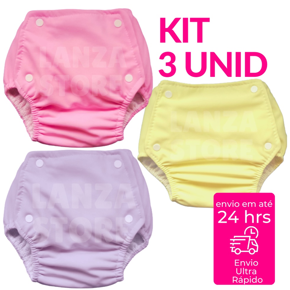 Pacote com 3 Fraldas Plásticas Calça Enxuta Reutilizável Ecológica Bebê Infantil
