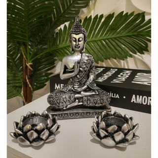 Combo Estatueta De Buda Chakras Meditando Prata Dourado + 2 Castiçal Flor De Lotus